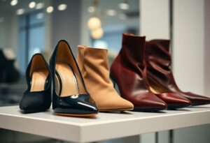 A stylish display of four pairs of women's shoes on a white shelf features chic black patent leather heels, beige ankle boots, and two pairs of red heeled boots. These trendy shoes not only contribute to making feet look smaller but also showcase fashionable options for style enthusiasts in a modern retail environment.