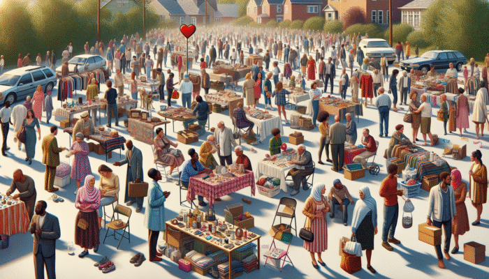 A lively yard sale scene with tables of items, people interacting, and a 'Donate' sign, showcasing community spirit and savings.