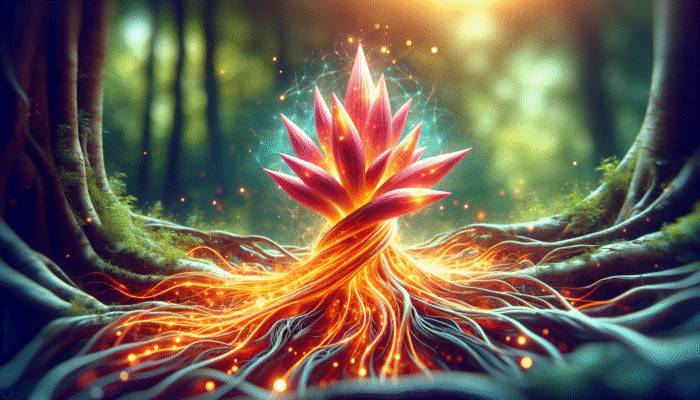 A vibrant blend of ashwagandha and rhodiola roots, symbolising synergy and enhancing mental and physical health.