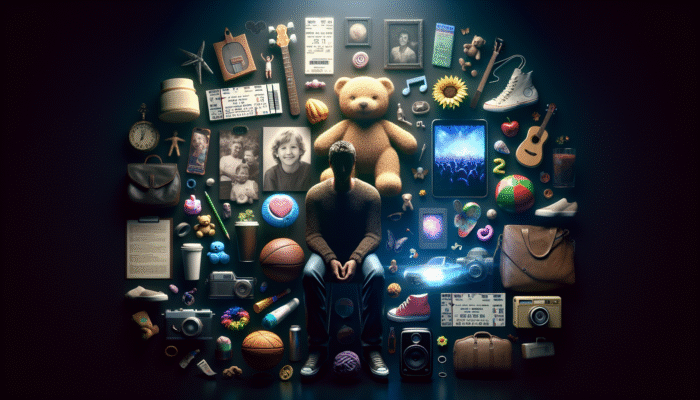 A person amongst categorized items like a teddy bear and concert tickets, evoking deep emotions.