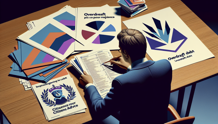 Debt Consolidation Loans for Overdraft Debt: Your UK Solution | DCL Individual reviewing financial documents and budgets with UK financial advice pamphlets and Citizens Advice logo.