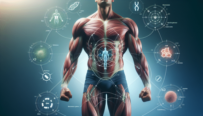 Athlete utilizing recovery stacks, muscle fibers repairing and growing, symbols of protein, BCAAs, glutamine.