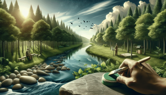 A serene river beside a lush forest, illustrating eco-friendly polishing on stones and promoting biodiversity.