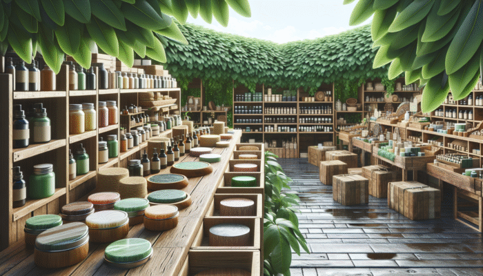 A vibrant marketplace showcasing eco-friendly stone polishing products on rustic shelves, surrounded by green leaves.
