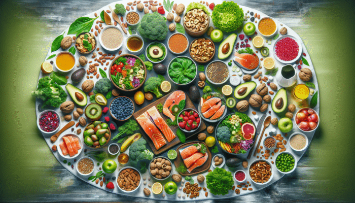 A table displaying salmon, avocados, nuts, and greens for promoting strong, shiny hair.