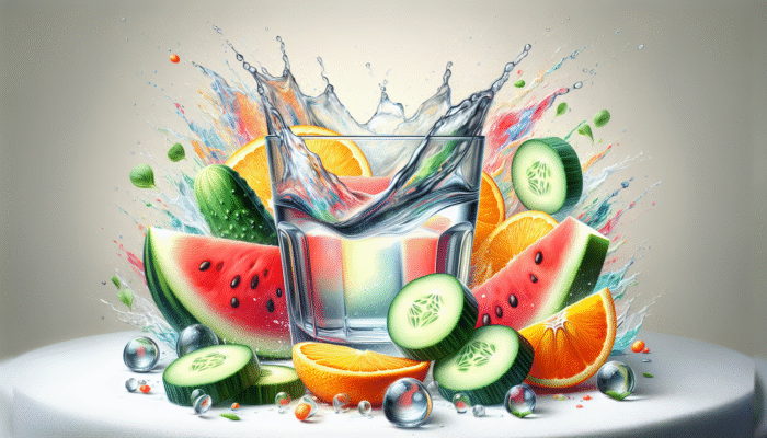 A refreshing glass of water infused with cucumber, orange, and watermelon slices, symbolizing hydration for hair health.