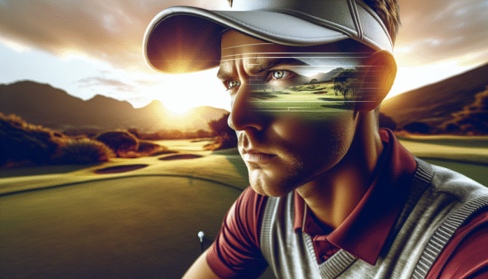 A South African golfer at sunrise, visualizing the course and using deep breathing techniques to convert anxiety into confidence.