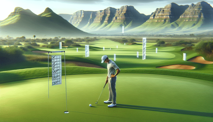 A South African golfer concentrating on a putt on a lush green course, with distant mountains and floating checklists symbolizing small, achievable goals.