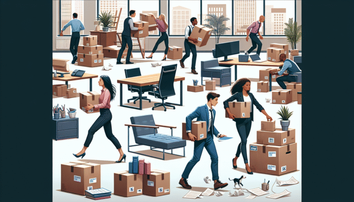 Workers urgently packing and moving office furniture, with signs indicating extra fees for urgent services and specialised disposal in a modern UK office.