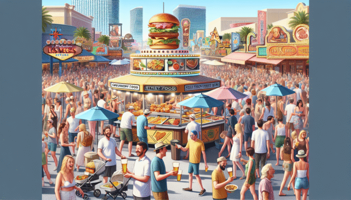 Enjoying a vibrant Las Vegas festival featuring gourmet dishes, street food, craft beers, and celebrity chefs.