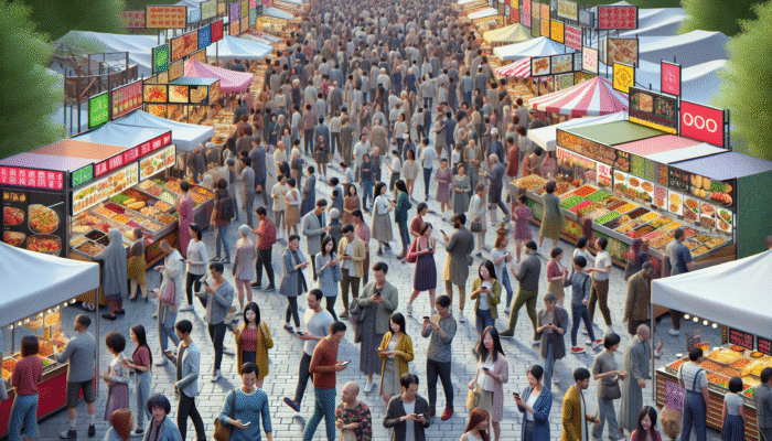 A vibrant festival atmosphere featuring diverse stalls, crowds, and tech-savvy attendees enjoying culinary delights.