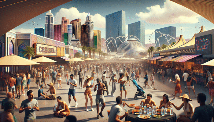 A lively Las Vegas festival scene showcasing attendees using refillable water bottles and resting in shaded areas to stay hydrated.