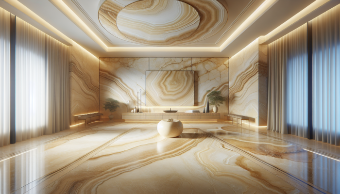Elegant travertine tiles in soft cream to rich golden beige hues with unique vein patterns showcased in a sophisticated interior design.