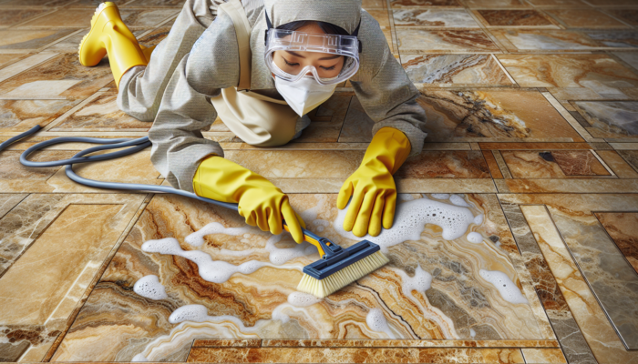 A close-up of well-maintained travertine tiles, with a person using cleaning tools, highlighting the importance of regular care.