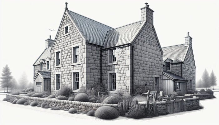 Clermont Gris Limestone: Rustic farmhouse exterior showcasing weather-resistant Clermont Gris limestone, retaining its beauty and integrity in Fife.