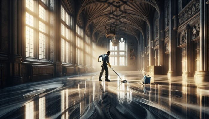 A person meticulously cleaning glossy marble floors in a historic Scottish Borders castle, ensuring streak-free results with sunlight streaming through windows.