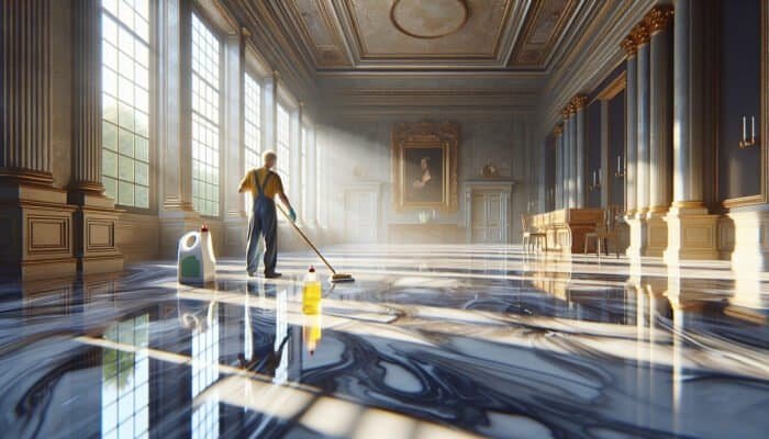 A person expertly cleaning glossy marble floors in a historic home in the Scottish Borders, ensuring no streaks with sunlight streaming through windows.