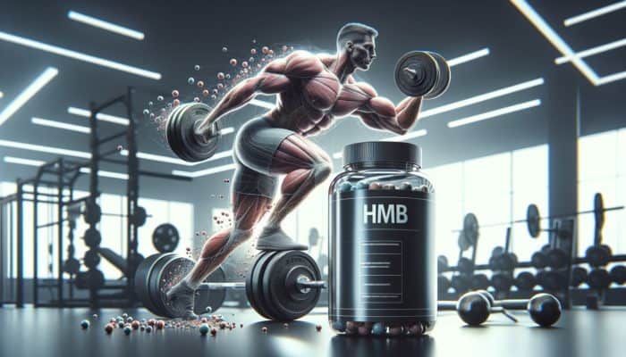 A muscular bodybuilder lifting weights in a gym, with HMB supplement visible nearby, showcasing increased lean muscle and minimal fat.