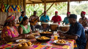 A lively gathering of people enjoying a variety of Garifuna food and drinks, with musicians dressed in colorful attire playing drums and guitars. The scene captures the energetic essence of Garifuna culture in an outdoor setting adorned with vibrant tablecloths.
