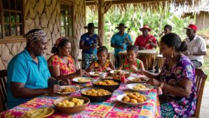 A family enjoys a meal together around a colorful table outdoors in Belize, reflecting the vibrant Garifuna culture. In the background, musicians play drums and other instruments under a thatched roof, creating a festive atmosphere. Everyone appears relaxed and joyful.