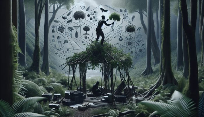 Gathering branches, leaves, and vines in the forest for survival shelter construction.