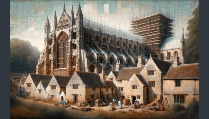 Detailed view of Westminster Abbey and Cotswold cottages, showcasing expertly restored limestone facades and restoration specialists at work.