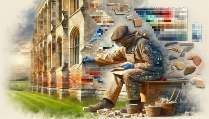 A UK restorer utilizing local limestone varieties on a historic building, emphasizing the significance of regional expertise.