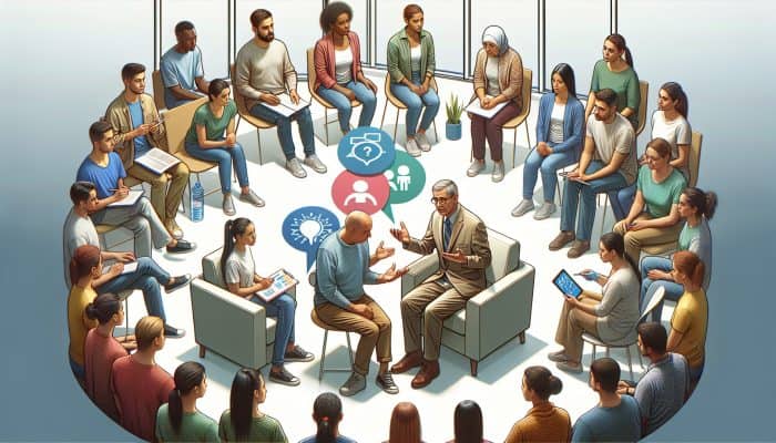 A diverse group engaging with NHS mental health services, including therapy, support groups, and online tools.