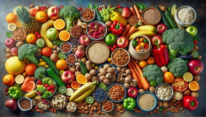 A vibrant array of fruits, vegetables, nuts, and whole grains, symbolizing a balanced diet for longevity and mental wellness in the UK.