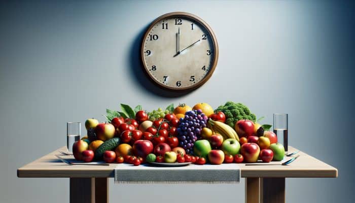 A serene table with fresh fruits and vegetables, along with a clock symbolizing regular meal times for health and wellness.