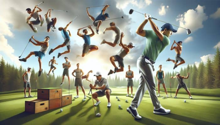 Golfer in mid-swing on green course, surrounded by dynamic plyometric drills enhancing muscle power and speed.