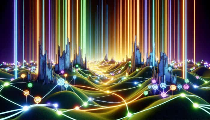 Illuminated pathways connecting old, faded URLs to new, vibrant ones, representing the preservation of link equity during website rebranding efforts.