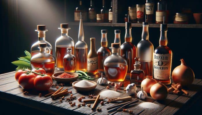 A selection of bourbons including Buffalo Trace and Maker's Mark alongside ingredients for BBQ sauce, featuring flavors like caramel, vanilla, cinnamon, and nutmeg.
