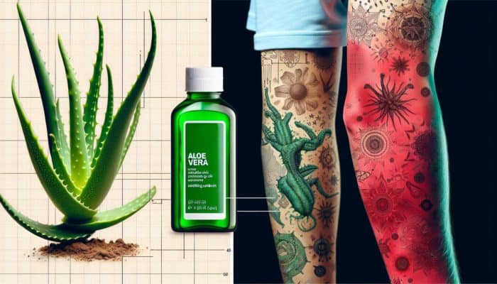 Detailed image of a minor sunburn on an arm with redness and slight swelling; aloe vera gel bottle placed nearby.