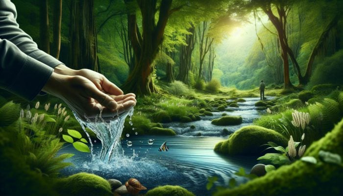Individual soothing a minor burn on their hand with cool stream water in a serene outdoor setting.