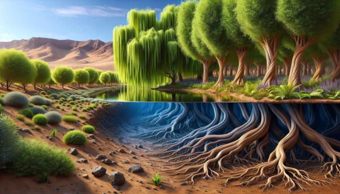 Identifying Water in Nature: Vibrant willows, alders, and ferns near water sources, showcasing deep roots in aquifers, contrasted with arid desert acacias.