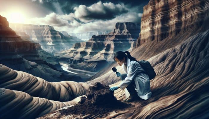 A geologist examines moist soil and water-carved rocks near the Grand Canyon, indicating potential water sources.
