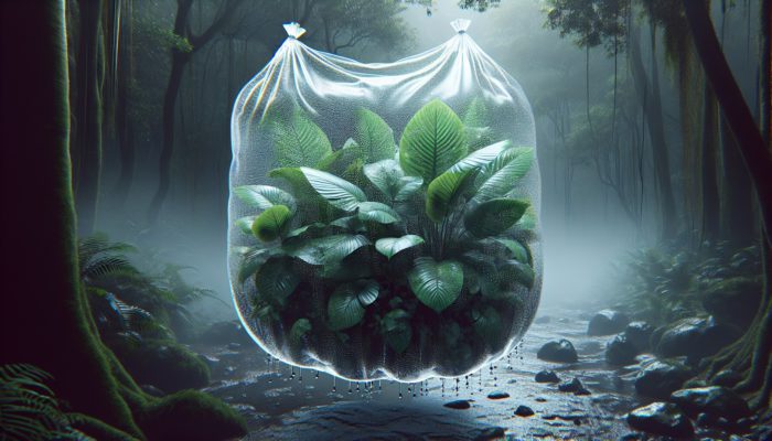 Clear plastic bag placed on Amazon rainforest plants collecting water droplets through transpiration.