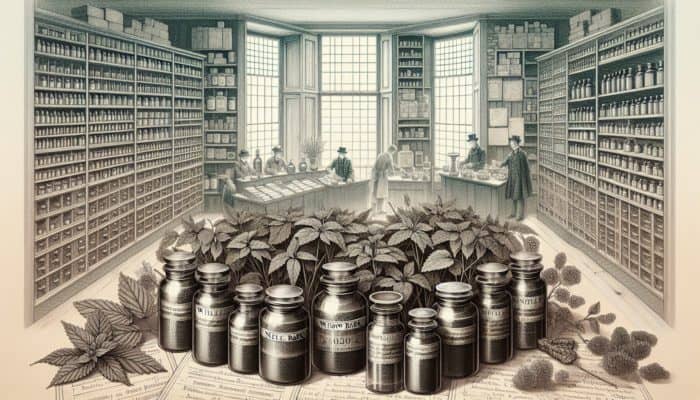 Exploring Herbal Blends: An ancient British apothecary surrounded by jars of nettle and willow bark, historical texts, and various herbal remedies.