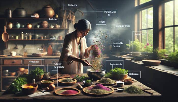 A person expertly blending vibrant herbs into personalized wellness teas in a serene, rustic kitchen.