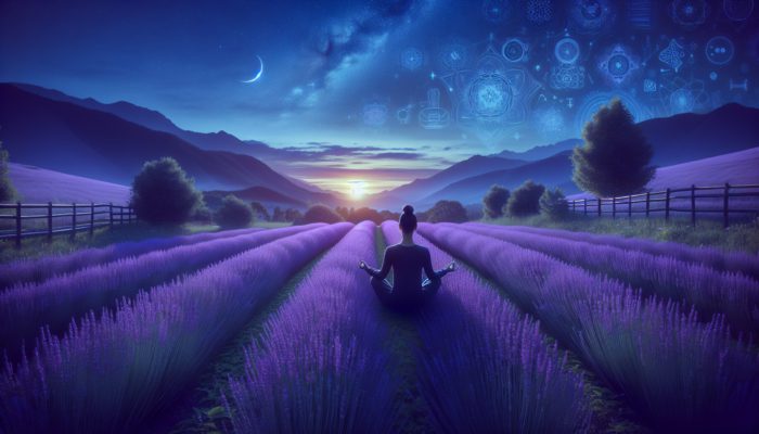 A tranquil garden at twilight featuring lavender plants and a meditating individual, enveloped in serenity.