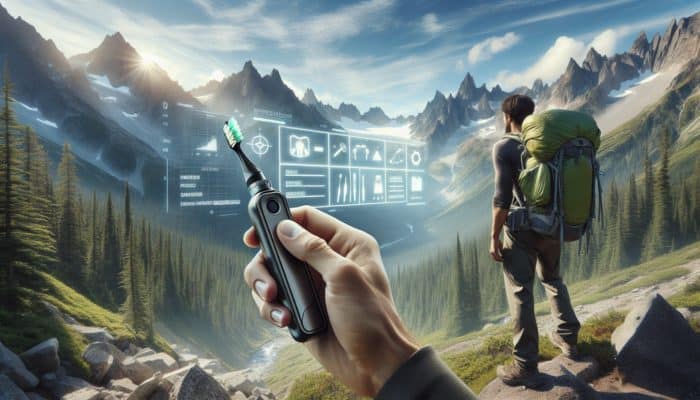 Hiker using compact, foldable toothbrush with built-in toothpaste on Pacific Crest Trail, amidst mountains.