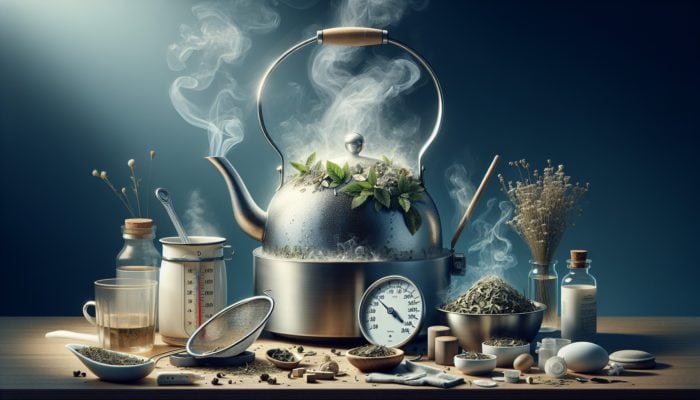 A calm kitchen scene with herbs steeping in boiling water, cooling for a baby's safety.