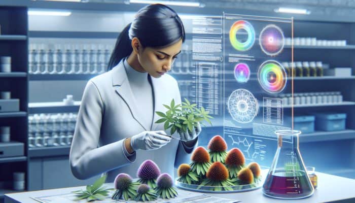 A scientist analyzes fresh echinacea herbs in a lab, comparing their scent and color to lab analysis results for quality assurance.