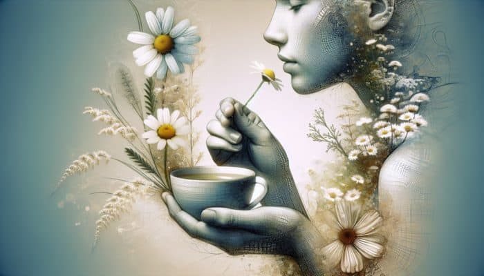 A person enjoying chamomile tea surrounded by calming herbs, starting an herbal journey with caution.