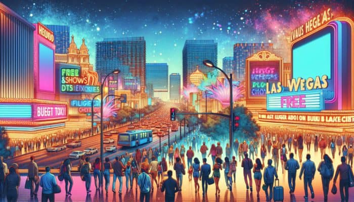 The Las Vegas Strip at night, featuring budget travelers enjoying affordable entertainment and vibrant neon lights.