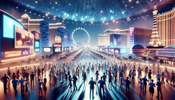 A vibrant Las Vegas night scene showcasing people enjoying bundled entertainment deals, including a show, dining, and the High Roller Observation Wheel under dazzling neon lights.
