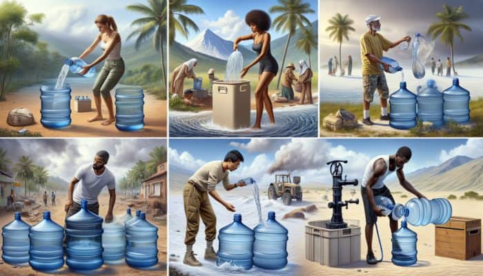 Essential supplies for earthquakes: diverse group storing emergency water in BPA-free containers for various climate conditions.