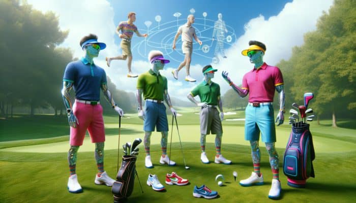 Vibrant polo shirts, stylish visors, and modern golf shoes showcased on a green golf course, featuring fashion experts.