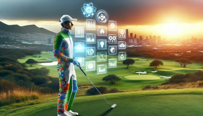 A South African golfer in 2030 wearing a sustainable, personalised outfit on an eco-friendly course at sunset.